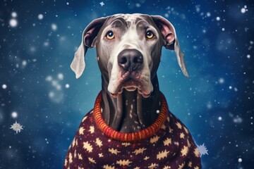 Lifestyle portrait photography of a funny great dane showing belly wearing a festive sweater against a backdrop of starlit galaxies. With generative AI technology - obrazy, fototapety, plakaty