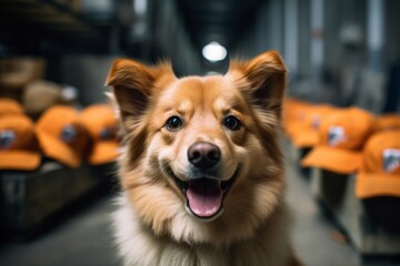 Lifestyle portrait photography of a smiling finnish spitz licking other dogs wearing a visor against a bustling factory floor. With generative AI technology