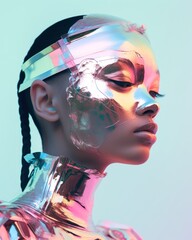 Beautiful portrait of a futuristic woman tribal warrior in weird clothing. Neon glow, iridescent,...