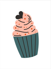 Sweet cupcake with cream. Valentines Day vector design element.