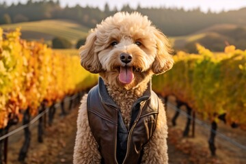 Medium shot portrait photography of a smiling poodle snuggling wearing a leather jacket against a...
