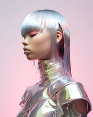 Beautiful portrait of a futuristic woman tribal warrior in weird clothing. Neon glow, iridescent, transparent plastic, hologram, holographic, vaporware rainbow texture aesthetic glitter swag fashion.	