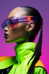 Beautiful portrait of a futuristic woman tribal warrior in weird clothing. Neon glow, iridescent, transparent plastic, hologram, holographic, vaporware rainbow texture aesthetic glitter swag fashion.	