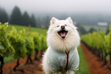 Medium shot portrait photography of a curious american eskimo dog barking wearing a raincoat against a backdrop of rolling vineyards. With generative AI technology - obrazy, fototapety, plakaty