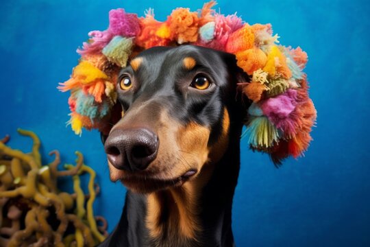 Headshot portrait photography of a funny doberman pinscher chewing bones wearing a lion mane against a vibrant coral reef. With generative AI technology