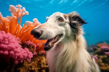 Headshot portrait photography of a happy borzoi winking wearing a therapeutic coat against a vibrant coral reef. With generative AI technology