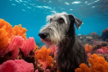 Full-length portrait photography of a curious scottish deerhound laying down wearing a tuxedo against a vibrant coral reef. With generative AI technology