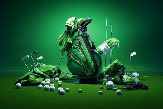 Golf gear on green backdrop suggesting sports. Computer-generated image. Generative AI
