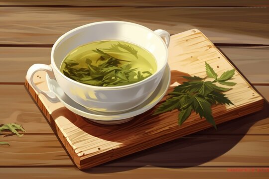 Illustration of green tea, sencha, and a teacup with handle, depicted in a realistic style. Generative AI