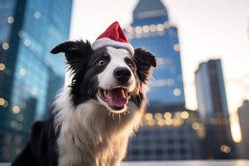 Medium shot portrait photography of a cute border collie begging for walk wearing a christmas hat against a stunning skyscraper skyline. With generative AI technology