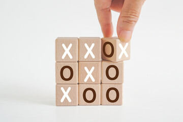 Business marketing strategy planning, solution, decision concept. Hand change side of wooden cube...