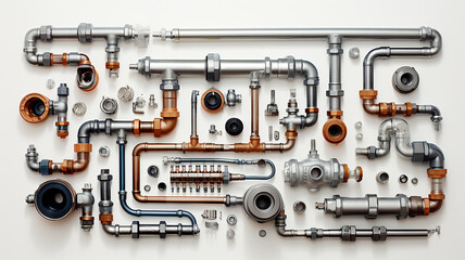 isolated on a white background is a wall with pipes, a water supply system, a complex supply system, a gas pipeline, a fuel pipeline, valves and switches