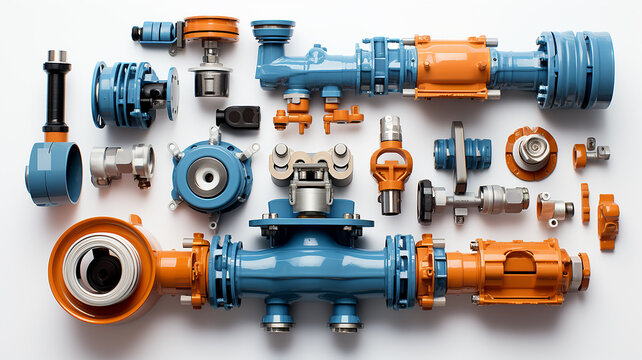isolated on a white background is a wall with pipes, a water supply system, a complex supply system, a gas pipeline, a fuel pipeline, valves and switches