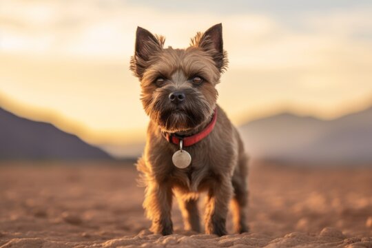 Close-up portrait photography of a curious cairn terrier fetching ball wearing a spiked collar against a backdrop of desert dunes. With generative AI technology