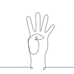 human hand with pinched thumb - one line art vector. the concept four fingers gesture