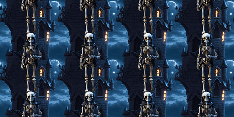 Pattern of the skeletons of the castle and the moon on a dark blue background. Generative AI.