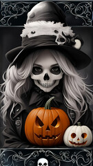 A girl in a black hat, gray hair and a skeleton mask with small .pumpkins.  Generative AI.