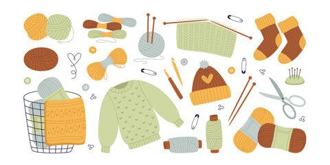 Knitted sweater warm clothes and knitting tools supplies isolated needlework hobby items set
