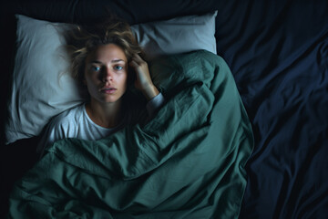 portrait of young women lying in bed. she has trouble falling asleep.