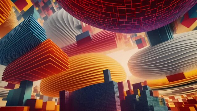 Urban landscape transforming into abstract geometry structures. Bright colors, big geometry constructions. Dynamic image transformations and metamorphose. AI generated video