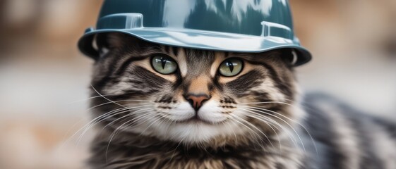 Close-up portrait of a cat wearing a green construction helmet