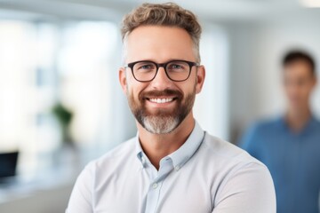 Fototapeta premium Portrait happy smiling man university professor teacher scientist education knowledge. Businessman in company office employee innovation business project successful entrepreneur CEO employer indoors