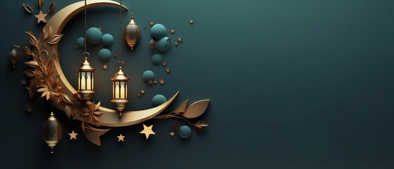 ramadan islamic greeting card of crescent moon decoration and lanterns with copy space