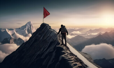 Reaching your goals concept, mountain climber following path to flag on top of mountain