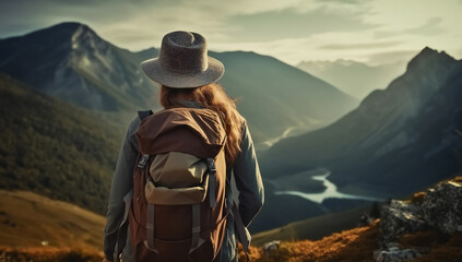 Rear view of female hiker with backpack looking out over a landscape