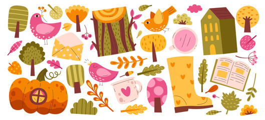 Abstract autumn objects, natural items, fairytale pumpkin house, footwear, book vector illustration