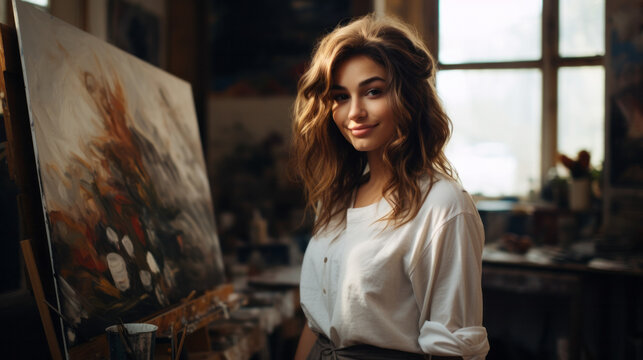 Portrait of a beautiful young european woman painter artist in her workshop