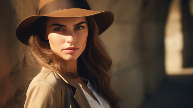 Portrait of a woman private detective wearing a hat