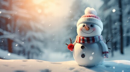Happy snowman on snowy in winter for merry christmas and happy new year card concept with copy space. Generative Ai