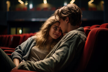 Teenagers girl and boy first date night in a movie theatre , young people dating - obrazy, fototapety, plakaty