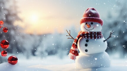 Naklejka na ściany i meble Happy snowman on snowy in winter for merry christmas and happy new year card concept with copy space. Generative Ai