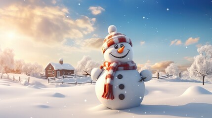 Fototapeta premium Happy snowman on snowy in winter for merry christmas and happy new year card concept with copy space. Generative Ai