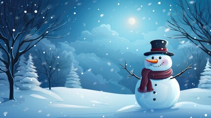 Obraz premium Happy snowman on snowy in winter for merry christmas and happy new year card concept with copy space. Generative Ai