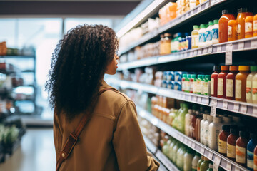 Woman choosing products in a grocery store, looking in details at the packaging demonstrating informed consumer behavior - obrazy, fototapety, plakaty
