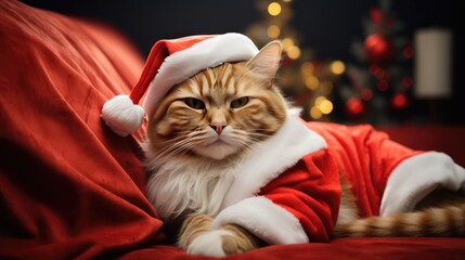 Cut cat wearing santa claus costume on sofa in bedroom for christmas concept. Generative Ai