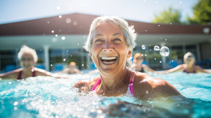Active mature women enjoying aqua gym class in a pool, healthy retired lifestyle with seniors doing aqua fit sport