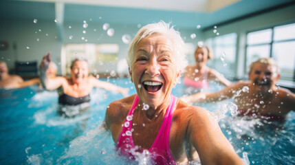 Active mature women enjoying aqua gym class in a pool, healthy retired lifestyle with seniors doing...