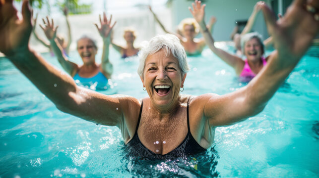Active mature women enjoying aqua gym class in a pool, healthy retired lifestyle with seniors doing aqua fit sport