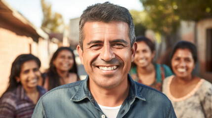 Fototapeta premium Handsome middle aged mexican man, happy, smiling, with women of the family in background
