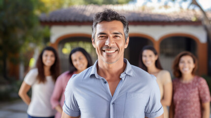 Naklejka premium Handsome middle aged mexican man, happy, smiling, with women of the family in background