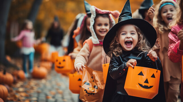 Excited children in costume with candy bags, Halloween Fun , trick or treat