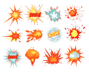Explosion, fire flash blast, boom detonation cloud and smoke element set in comic book pop art style - obrazy, fototapety, plakaty