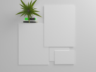 3D render white paper stationary set for mockup template with white background side view