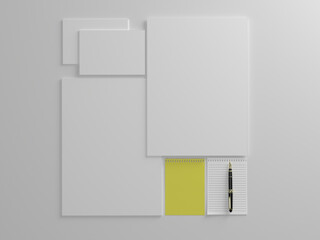 3D render white paper stationary set for mockup template with white background side view