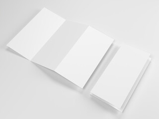 3D render empty white tri-fold brochure mockup template photo in white background side view.