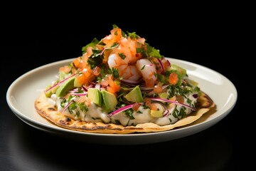 A crunchy tostada smothered with ceviche and avocado. Generative AI